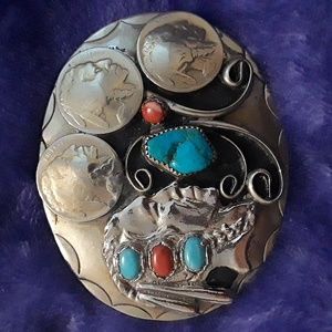 Turquoise & coral Indian Head belt buckle